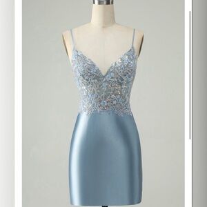 Glitter Dusty Blue Beaded Floral Tight
Satin Homecoming Dress